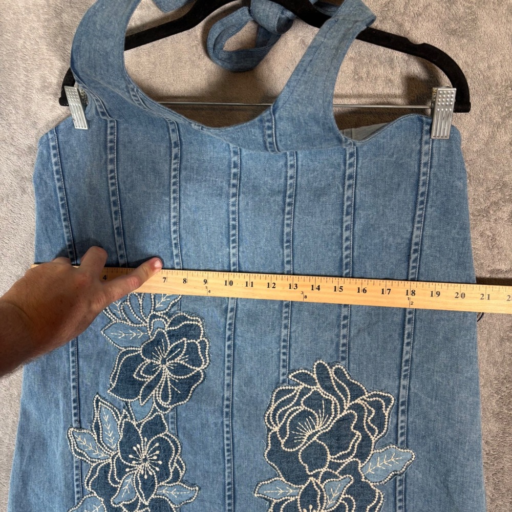 Maeve Anthropologie Blue Denim Halter Dress Floral Embroidered Smocked XL Boho - Picture 12 of 16